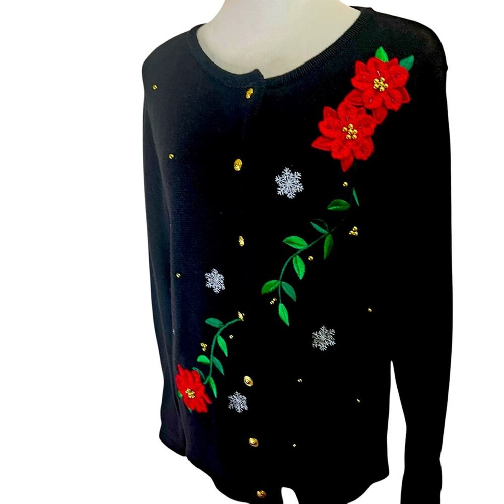 Vintage Black Cardigan Sweater Poinsettia & Snowflake Embroidery Size M (10–12)